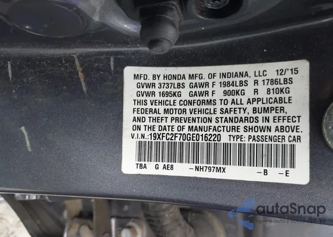 2016 Honda Civic Ex from USA, damaged, VIN 19XFC2F70GE016220